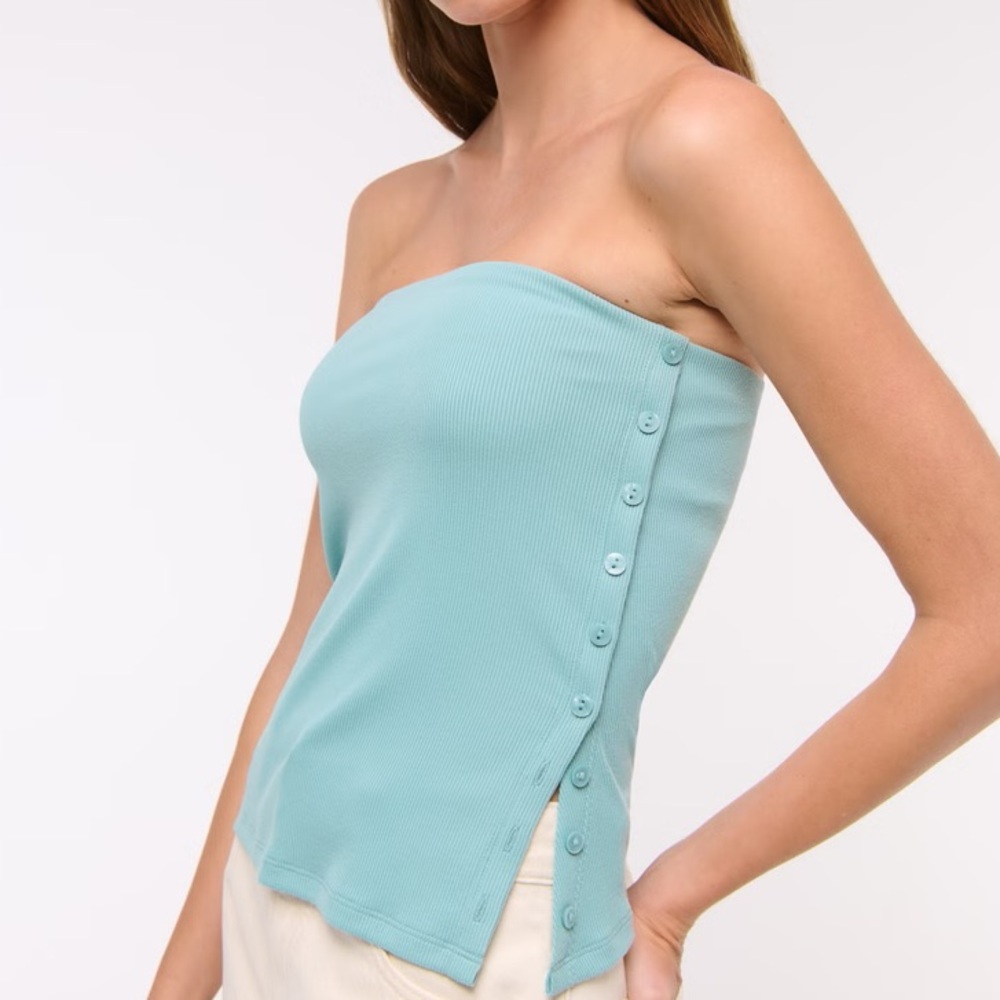 Aqua Strapless Button-Detail Top